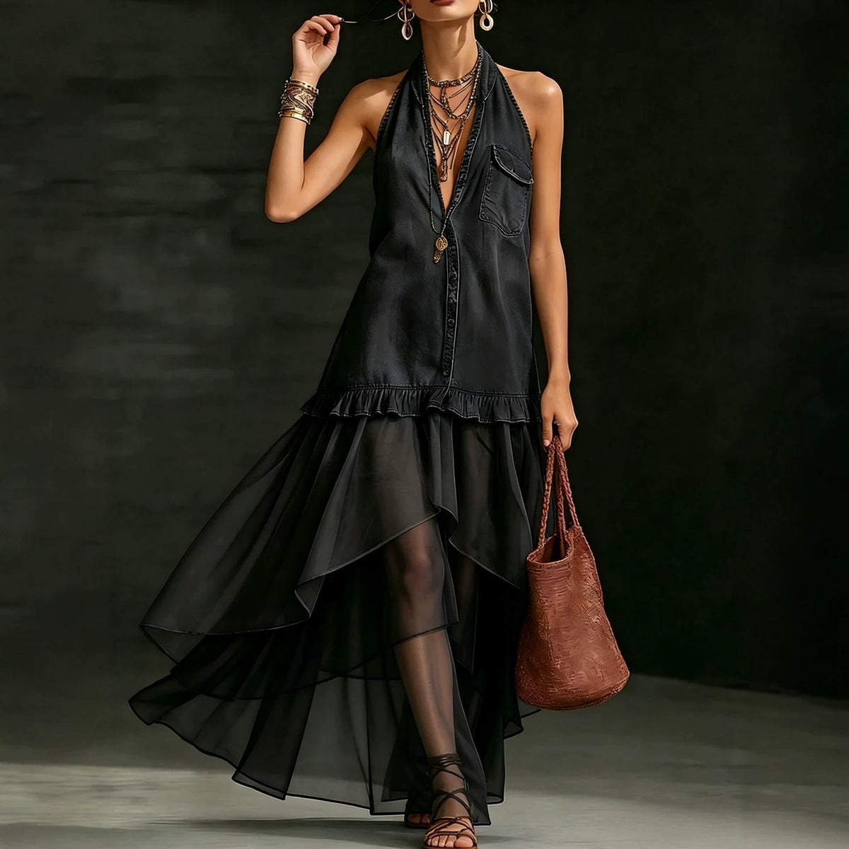 Robe longue en jean à empiècements en organza, élégante et raffinée