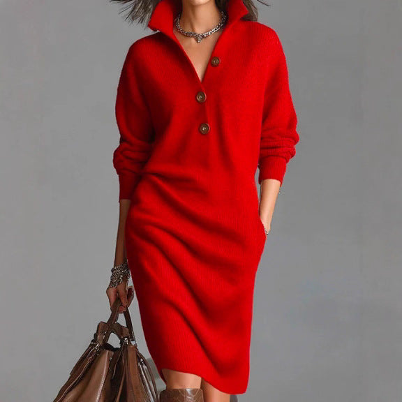 Robe pull mi-longue décontractée ample à revers et boutons pour femme, collection automne.