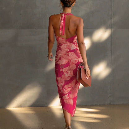 Robe midi licol froncée rose vif à fleurs