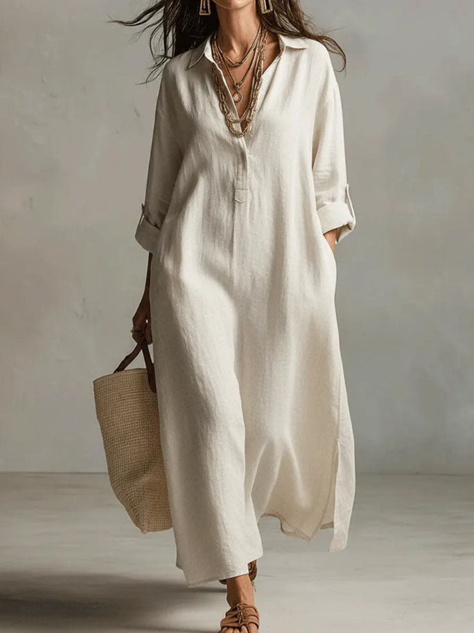 Robe chemise décontractée unie à revers à manches longues de style ample
