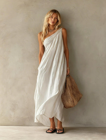 Robe longue en lin drapée à une épaule rose poudré