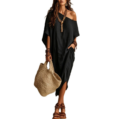 Robe femme coton et lin asymétrique ample manches chauve-souris mi-longue fendue pour les vacances