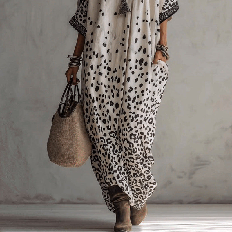 Robe longue caftan chauve-souris à imprimé léopard dégradé blanc
