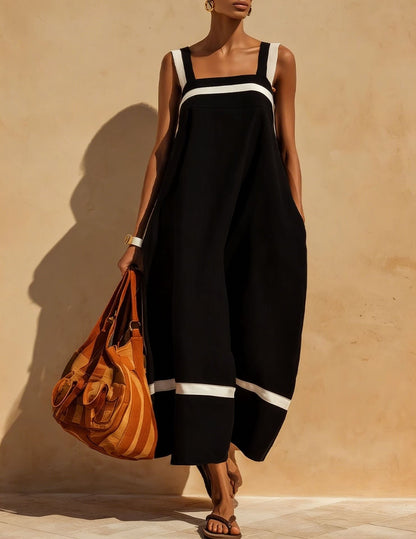 Ensemble jupe midi à col carré en lin avec rayures contrastantes blanches