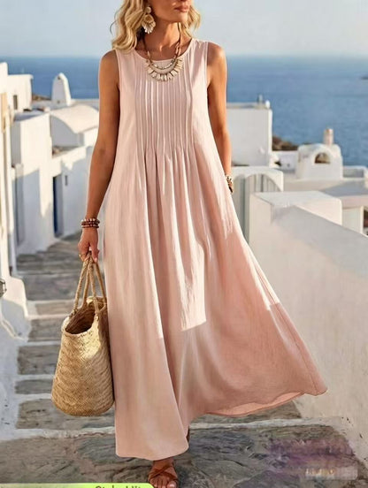Robe longue de vacances plissée en mélange de lin avec poches