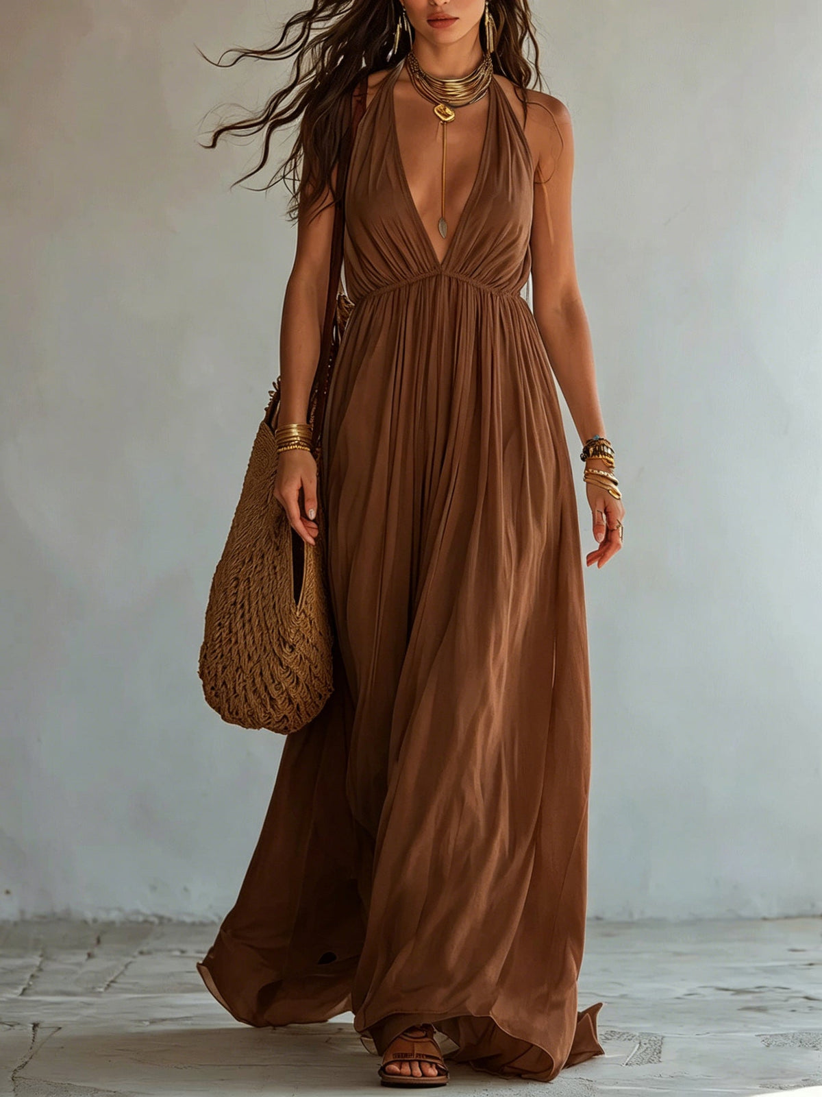 Robe longue en mousseline fluide avec col licou, décolleté en V profond et taille empire froncée