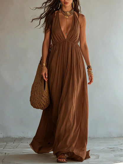 Robe longue en mousseline fluide avec col licou, décolleté en V profond et taille empire froncée