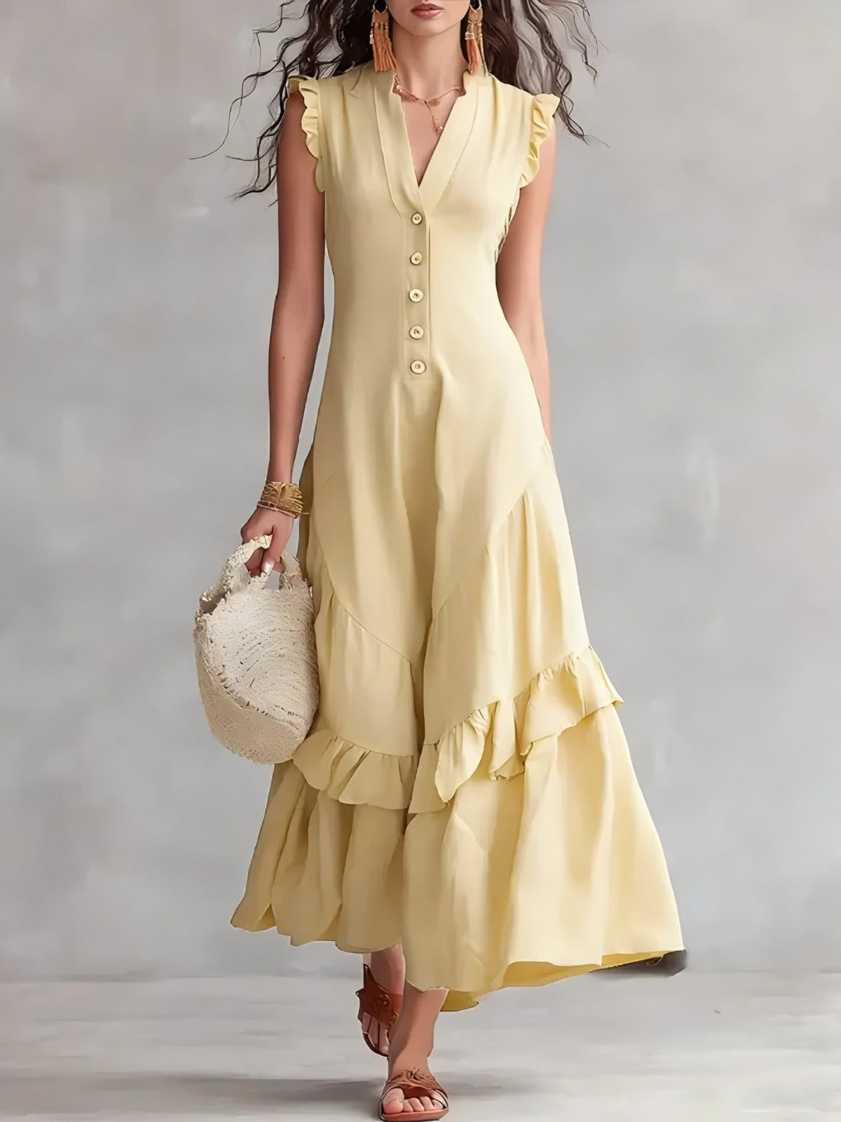 Robe longue sans manches à volants et col en V