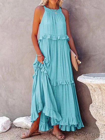 Robe longue fluide à volants et plusieurs niveaux, coupe halter