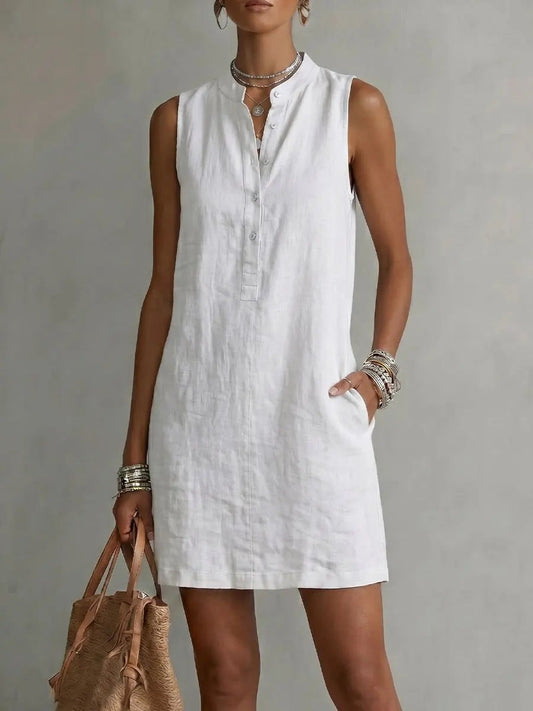 Mini-robe sans manches boutonnée en lin