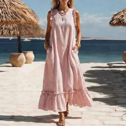 🌊 Robe longue à rayures et volants « Côté mer »