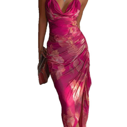 Robe midi licol froncée rose vif à fleurs