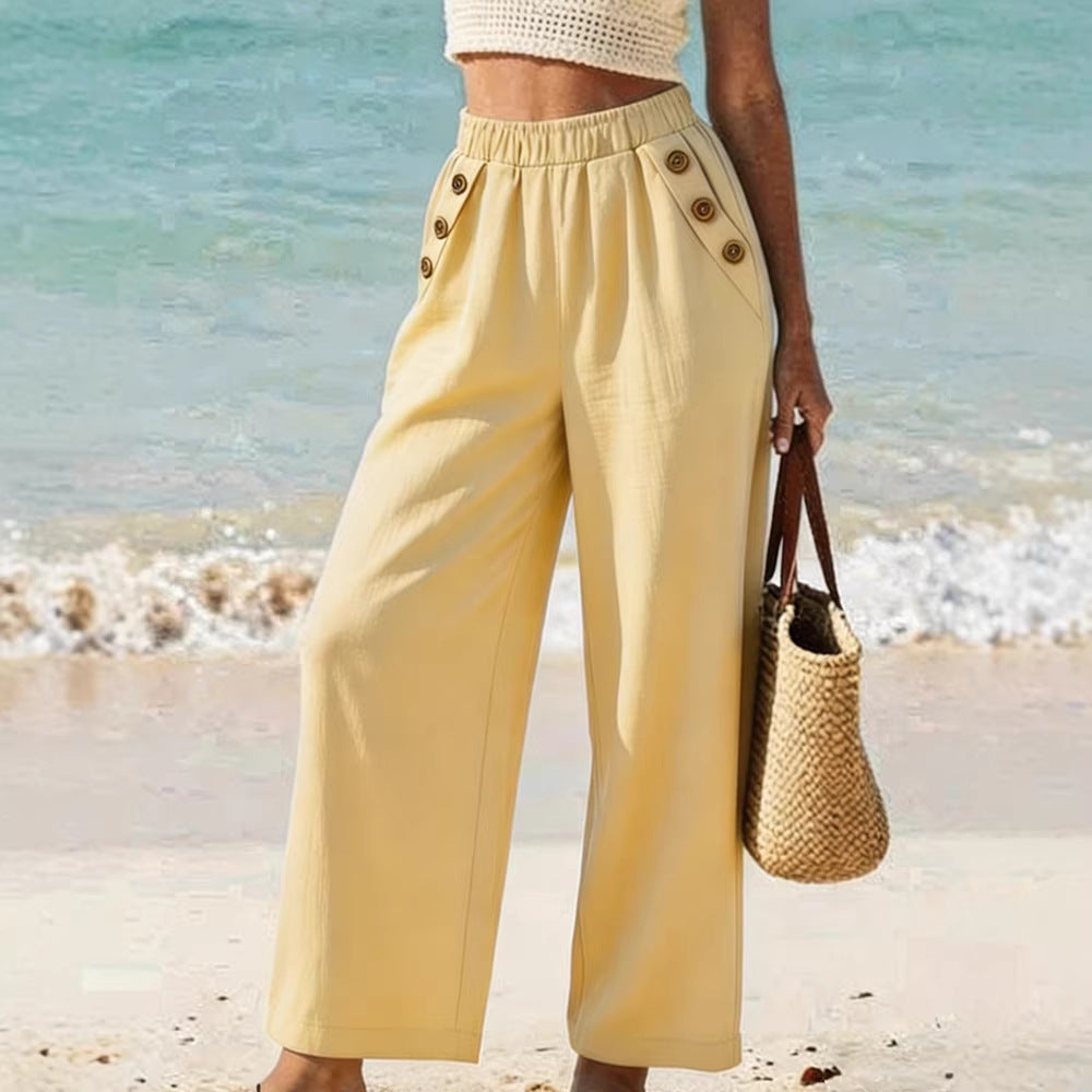 Pantalon décontracté taille haute boutonné à jambes larges