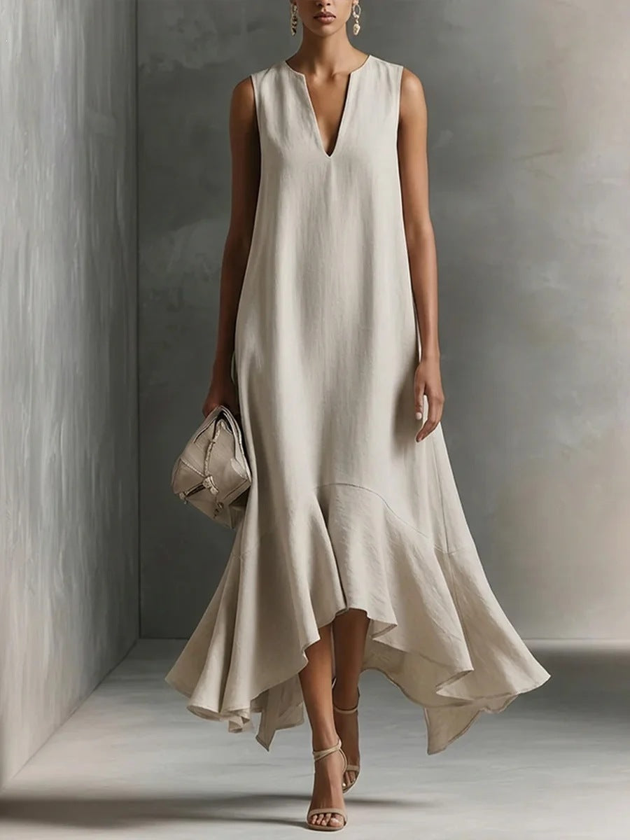 Robe midi sans manches en lin à col en V et ourlet volanté