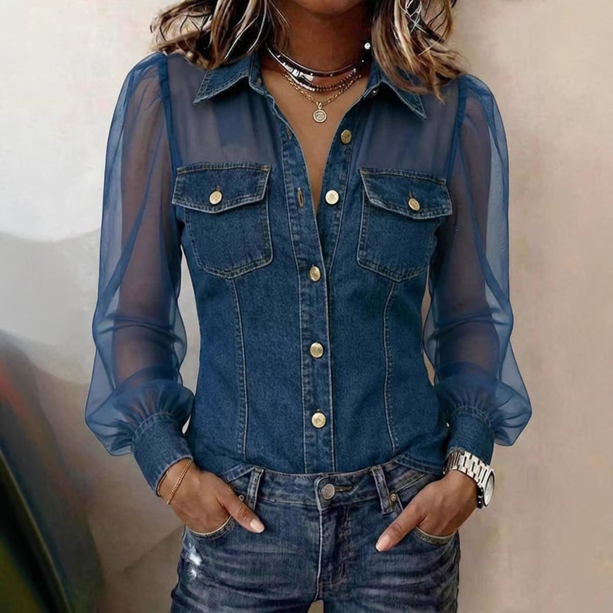 Chemisier à manches longues en jean patchwork et mousseline transparente à poche boutonnée décontracté pour femme