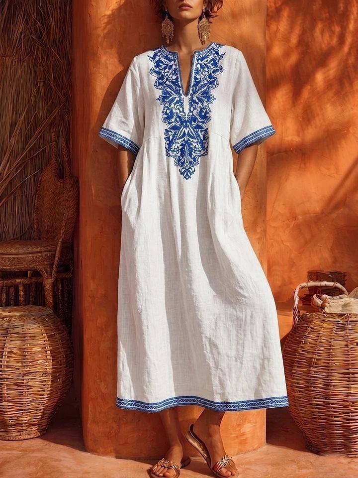 Robe Kaftan Midi à Broderies Florales en Lin, Col en V, Manches Courtes