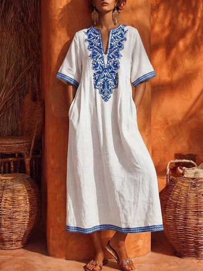 Robe Kaftan Midi à Broderies Florales en Lin, Col en V, Manches Courtes