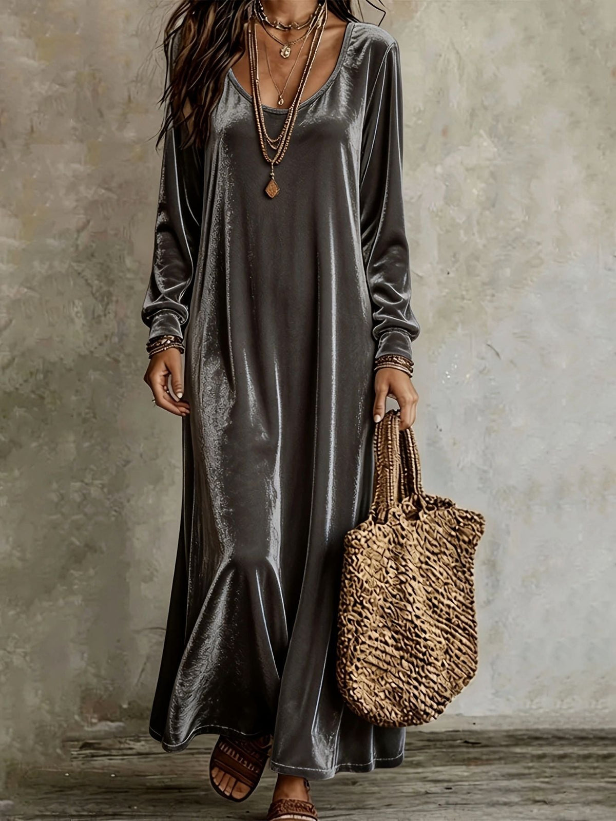 Robe longue en velours à manches longues