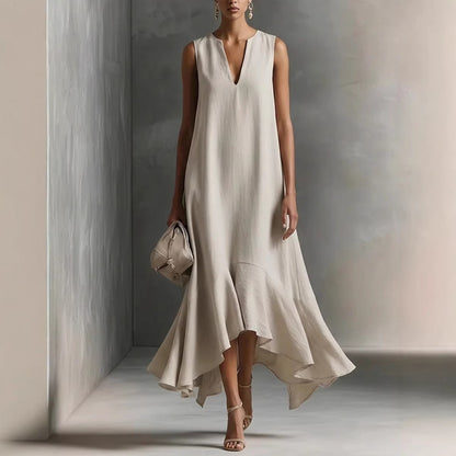 Robe midi sans manches en lin à col en V et ourlet volanté