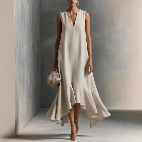 Robe midi sans manches en lin à col en V et ourlet volanté