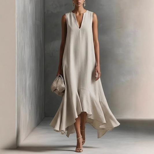 Robe midi sans manches en lin à col en V et ourlet volanté