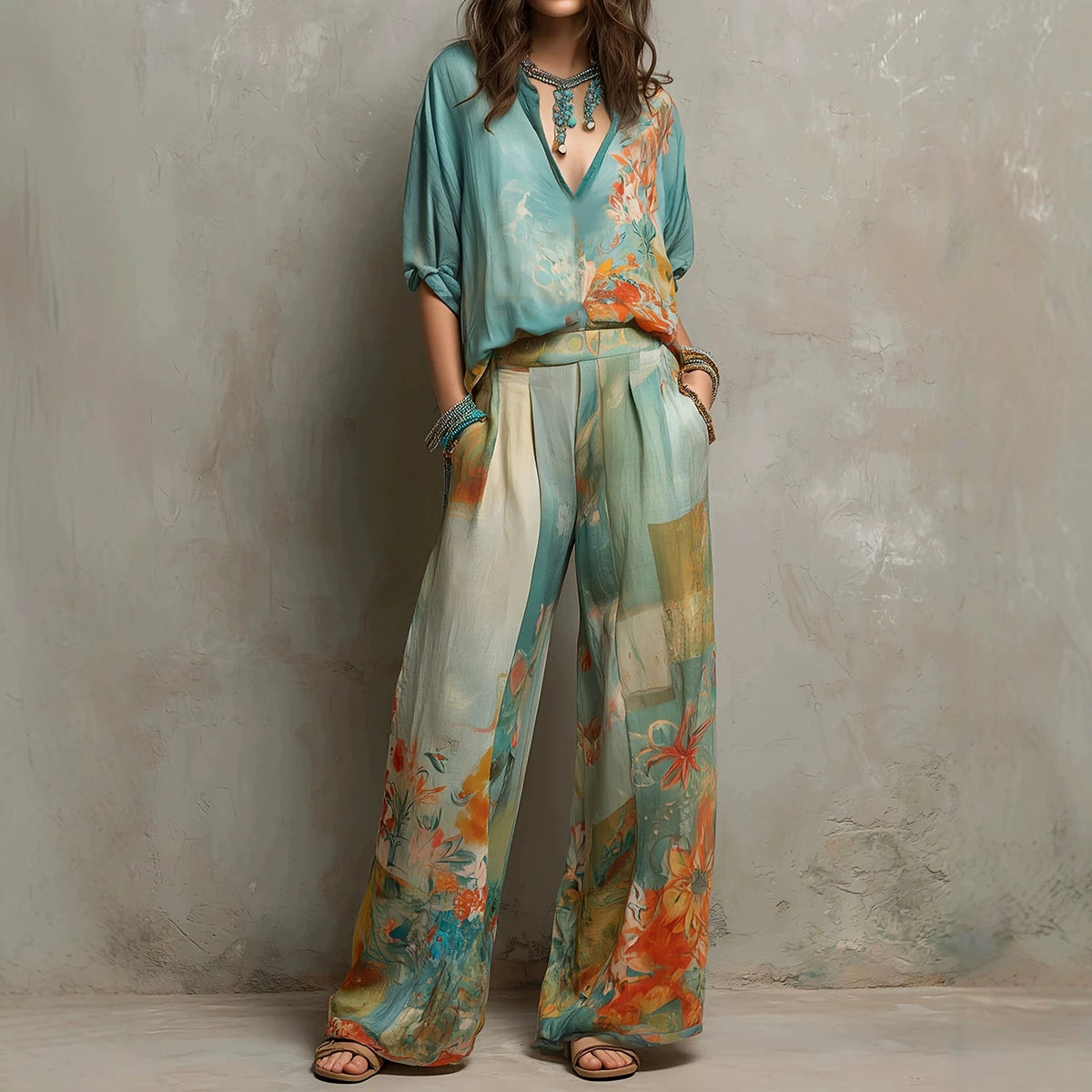 Ensemble deux pièces en mélange de lin imprimé floral aquarelle