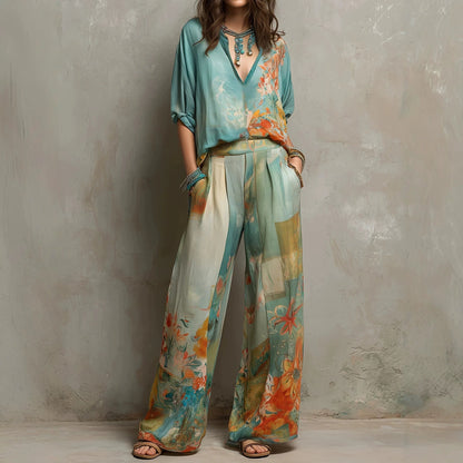 Ensemble deux pièces en mélange de lin imprimé floral aquarelle