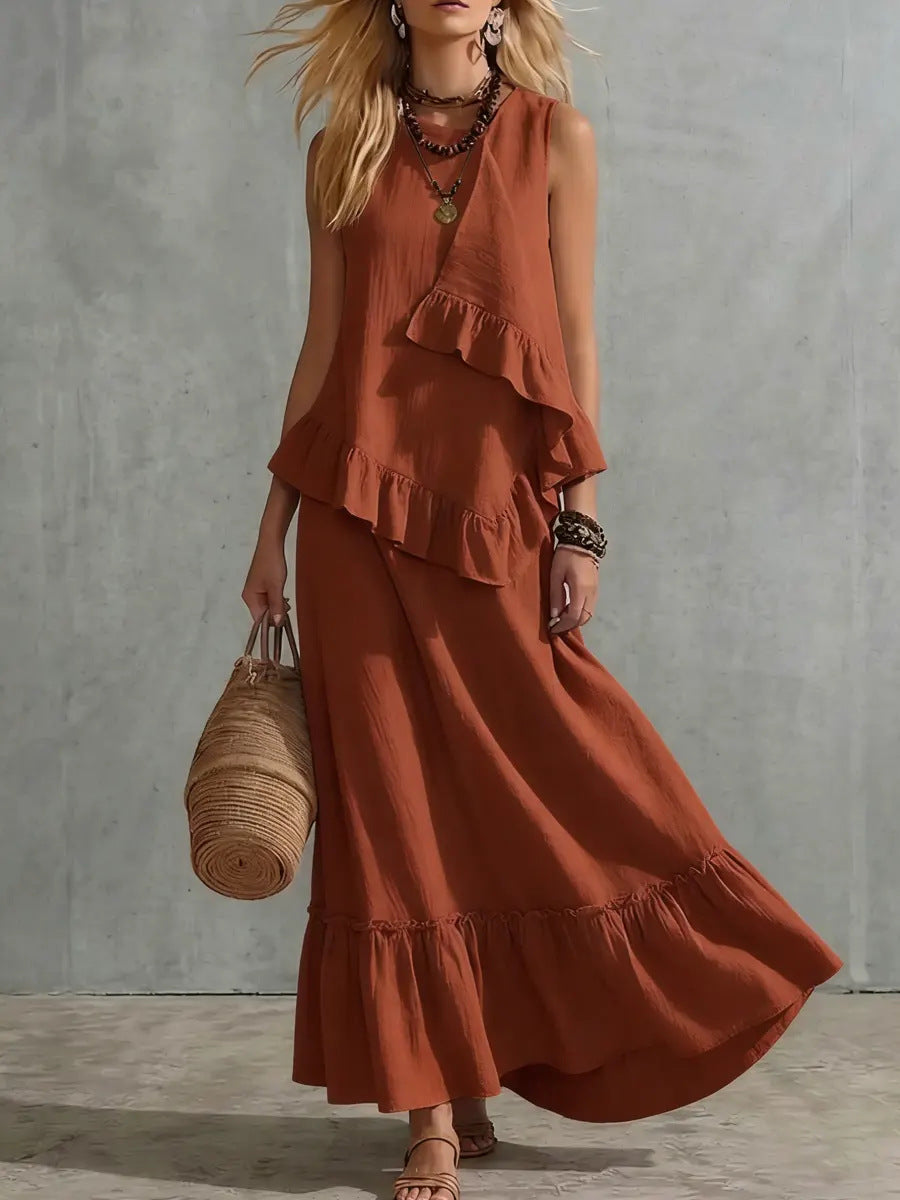 Robe longue texturée sans manches à volants asymétriques, robe longue d'été ample et fluide