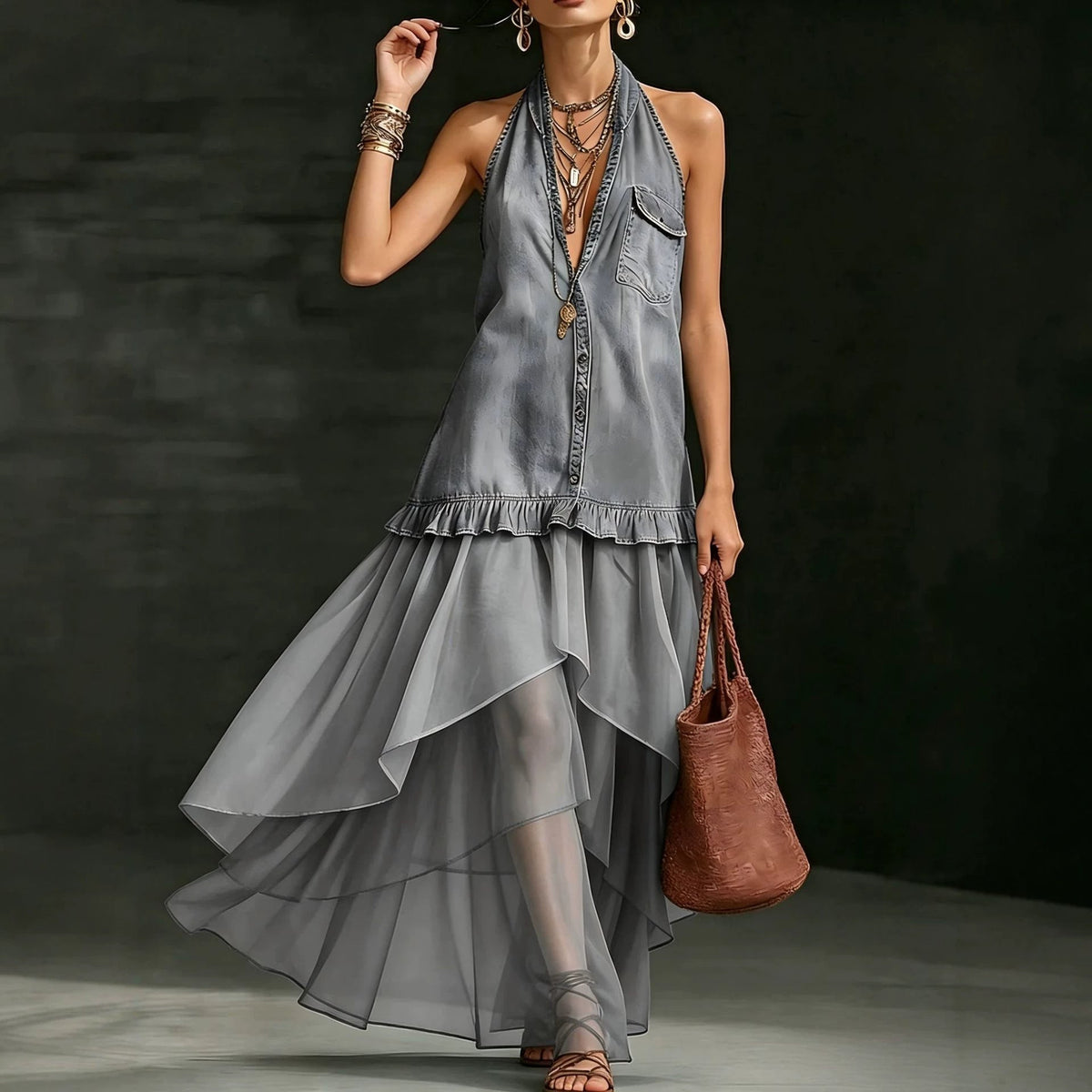 Robe longue en jean à empiècements en organza, élégante et raffinée