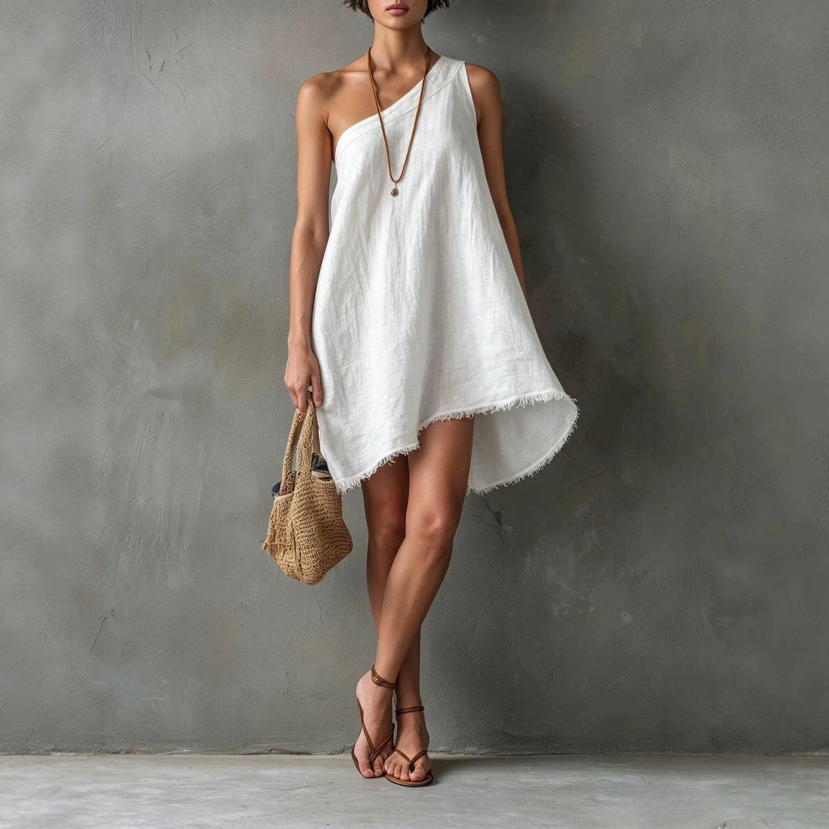 Robe Mini Asymétrique en Lin à Une Épaule avec Ourlet Effiloché