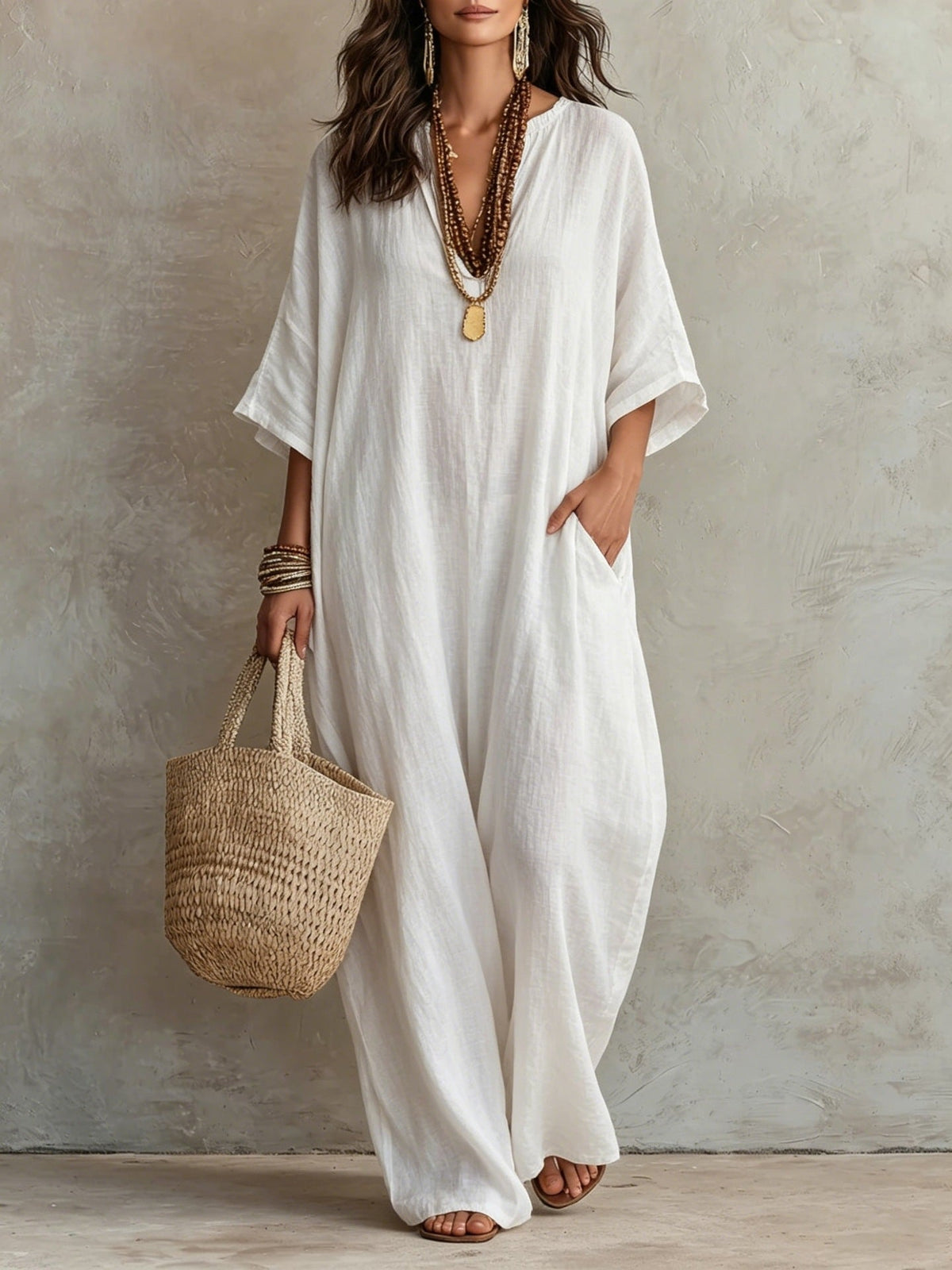 Robe Kaftan Longue Ample en Mélange de Lin à Manches Courtes Col V et Poches