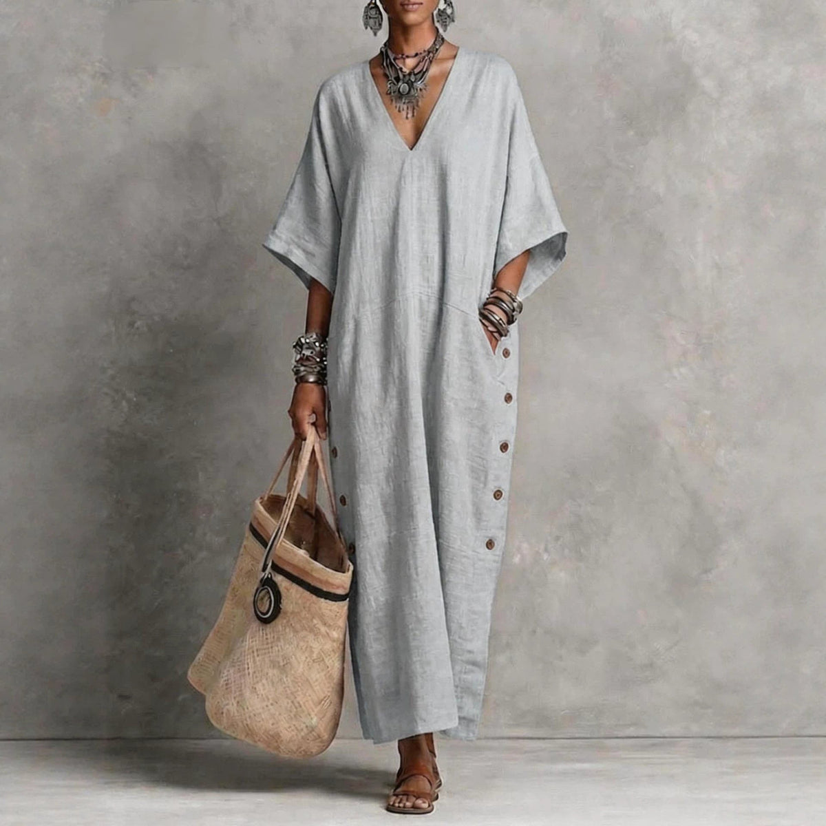 Robe Tunique Longue en Lin Naturel avec Col en V, Manches Chauve-souris et Fente Boutonnée sur le Côté
