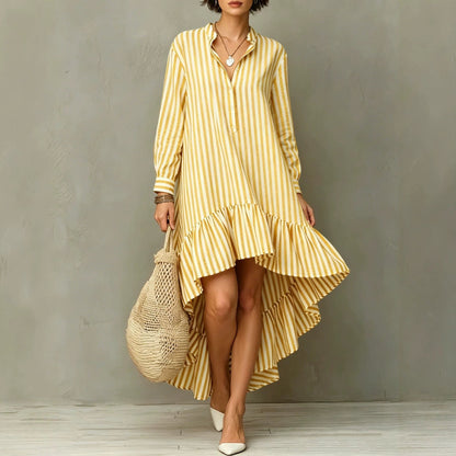 Robe longue à manches longues avec ourlet volanté et rayures verticales