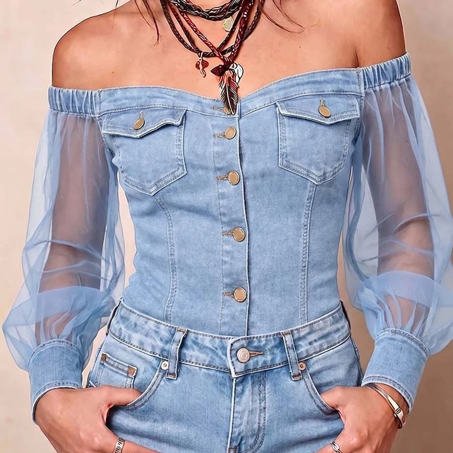 Top en jean à manches en maille et épaules dénudées