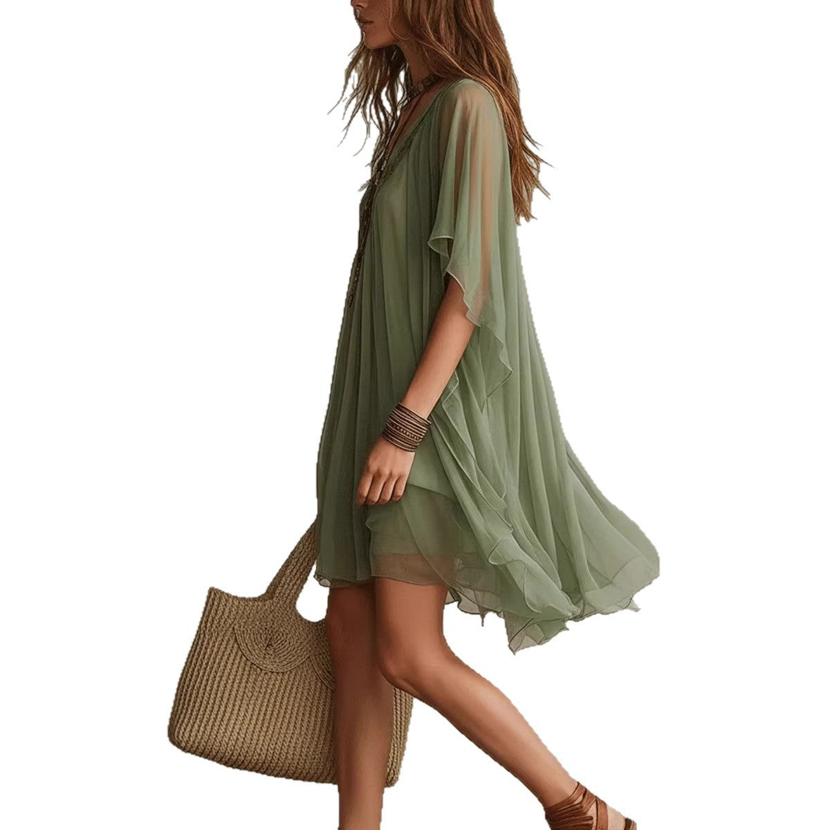 Robe 2 pièces en mousseline à col en V, style décontracté, pour les vacances à la mer, chemisier ample et jupe de plage