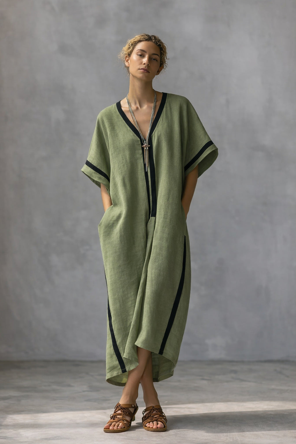 Linen blend V-neck caftan dress