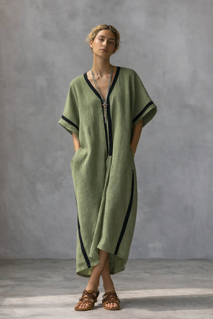Linen blend V-neck caftan dress