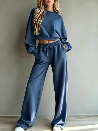 Ensemble de survêtement décontracté 2 pièces pour femme, comprenant un sweat-shirt court et un pantalon ample à jambes larges – Tenue décontractée