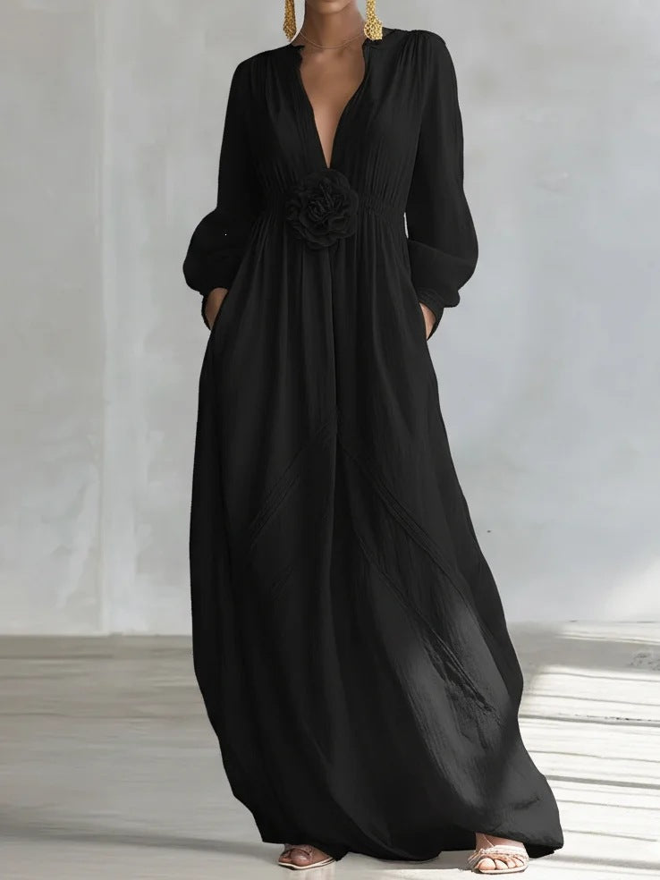 Robe de demoiselle d'honneur fluide en tissu texturé à manches longues bouffantes avec poches latérales