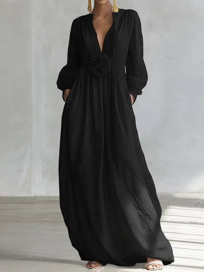 Robe de demoiselle d'honneur fluide en tissu texturé à manches longues bouffantes avec poches latérales