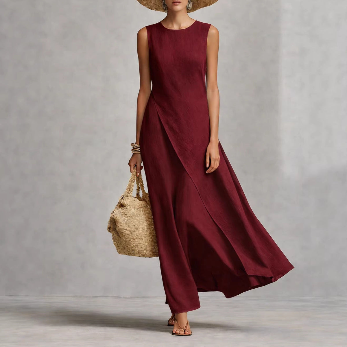 Robe longue asymétrique en lin sans manches