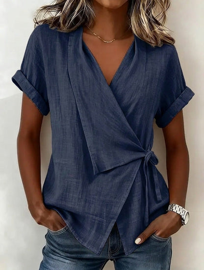 Blouse à manches courtes et col en V en lin mélangé avec ceinture à nouer à la taille