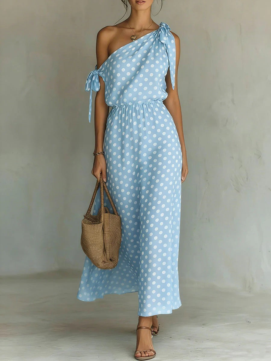 Robe longue asymétrique à pois pour femme
