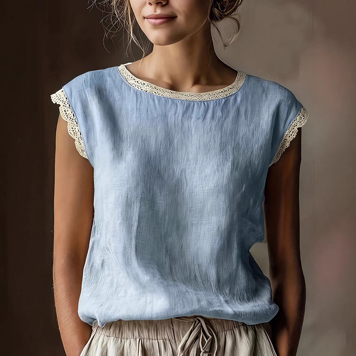 Chemisier en lin sans manches à col rond et dentelle de couleur unie ample et rétro pour femme