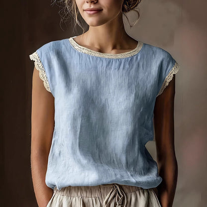 Chemisier en lin sans manches à col rond et dentelle de couleur unie ample et rétro pour femme