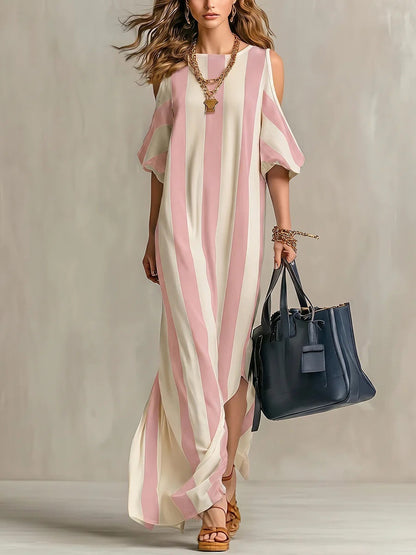 Robe longue ample fendue à rayures verticales et épaules dénudées