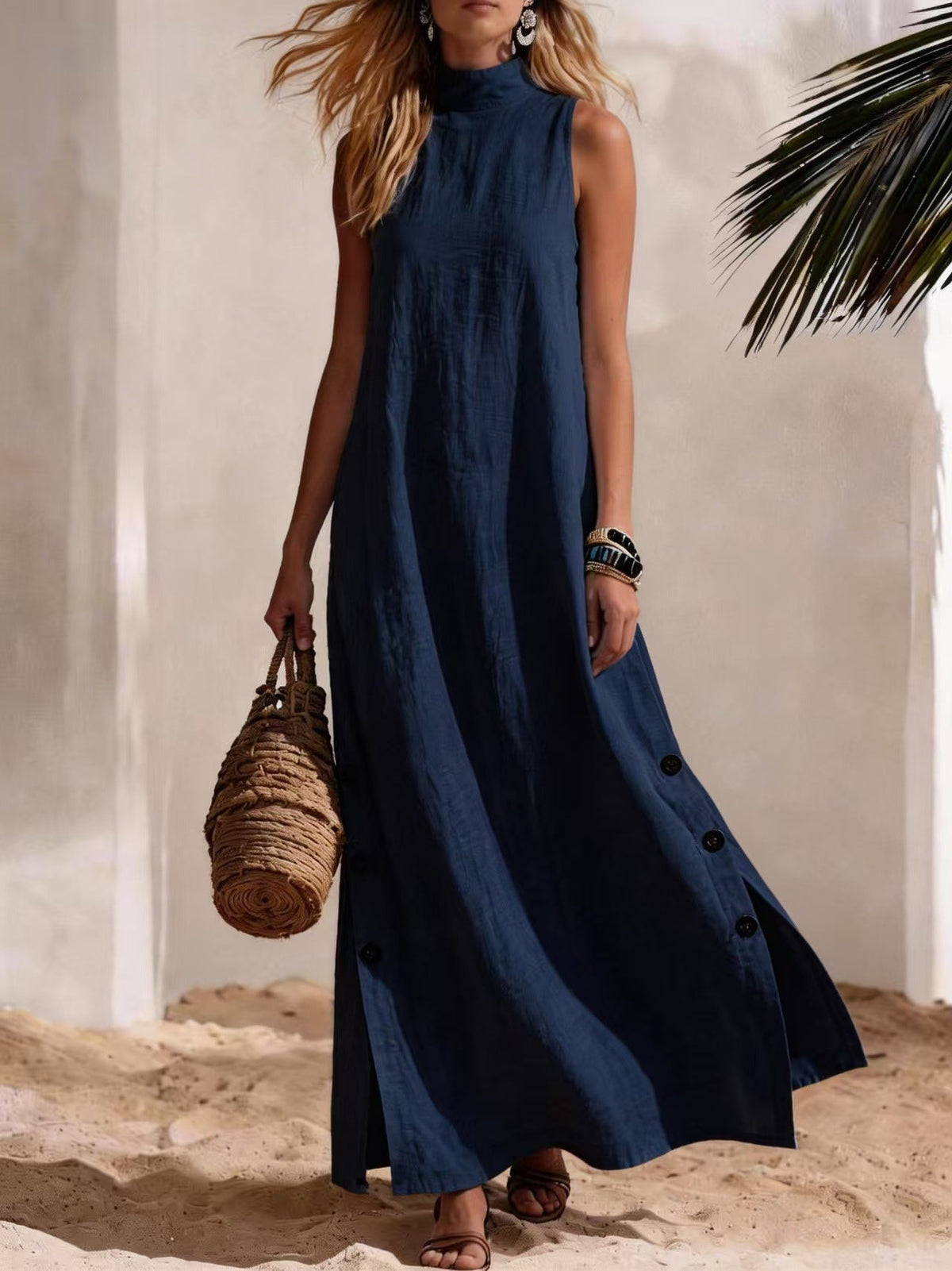 Robe longue décontractée sans manches en coton et lin de couleur unie avec fente latérale