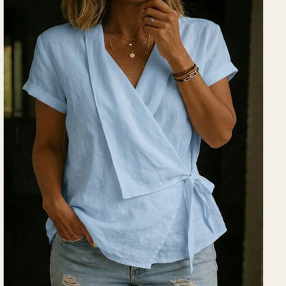 Blouse à manches courtes et col en V en lin mélangé avec ceinture à nouer à la taille