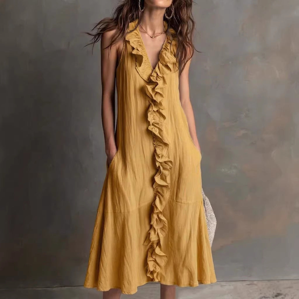 🌿 Robe midi sans manches à col en V volanté