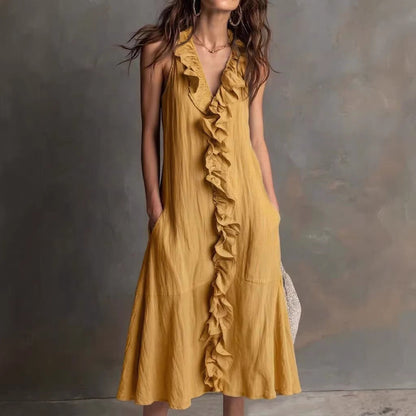 🌿 Robe midi sans manches à col en V volanté